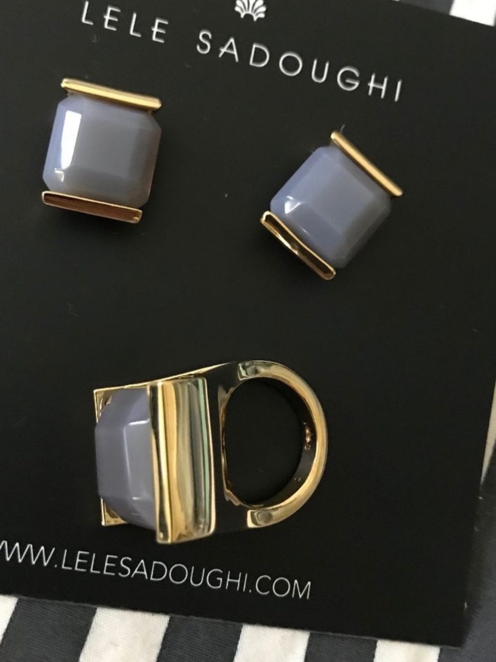Lele Sadoughi Gold-Tone Ring and Stud earrings Set with Gray-Lavender Stones